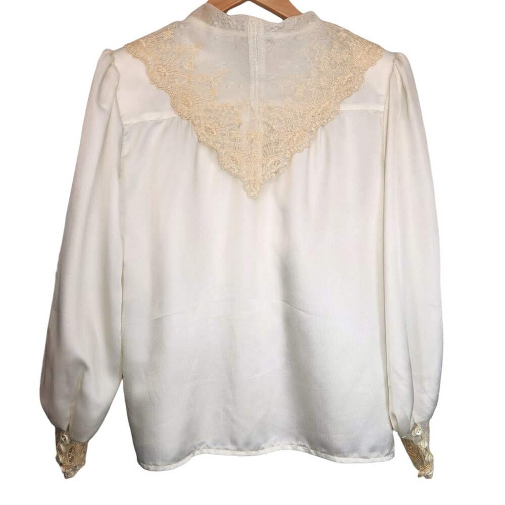 Vintage 80s Satin Lace Shawl Neck Button Down Cream White Cape Regency Victorian - Picture 2 of 10